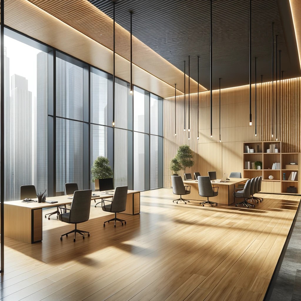 Elegant wood flooring in a bustling commercial office setting. 