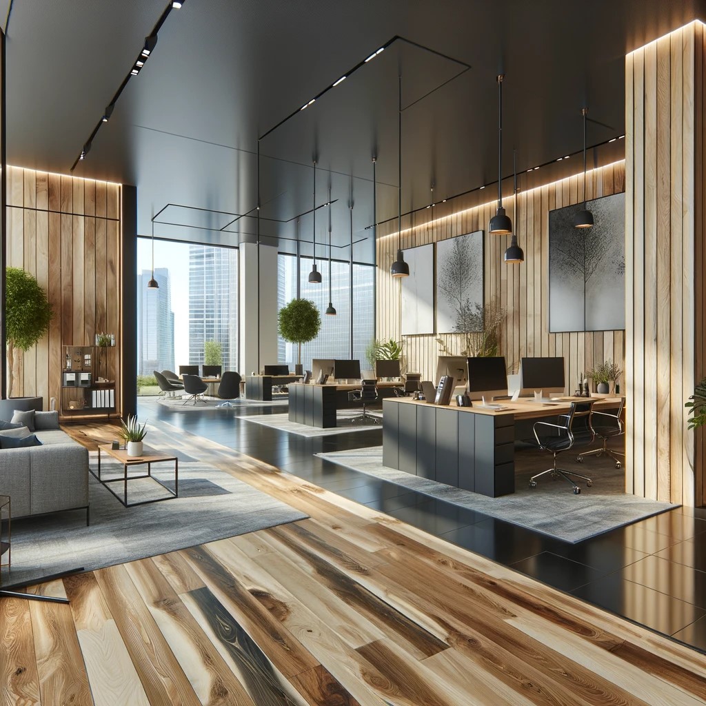 Elegant wood flooring in a bustling commercial office setting. 